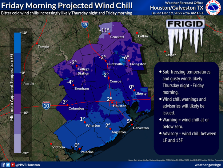 Image of Harris County and surrounding counties listing the wind chill factors for  Friday morning. 