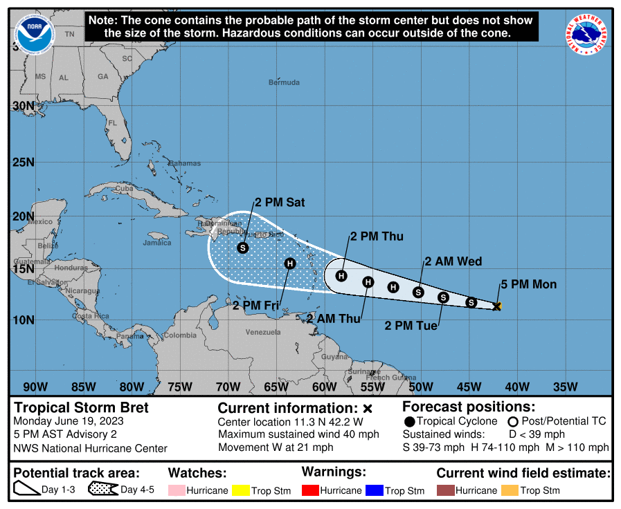 Map of Tropical Storm Bret's potential path