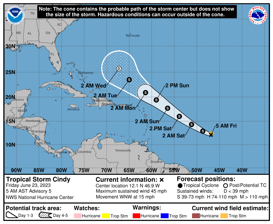 Trayectoria de la tormenta tropical Cindy moviéndose hacia el noroeste en el Atlántico.