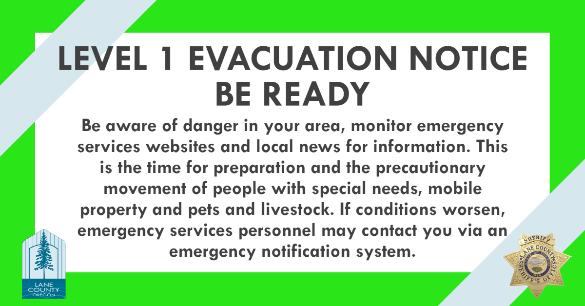 Level 1 (Be Ready) means that you should be aware of danger in your area and begin preparing to evacuate if the situation worsens. 