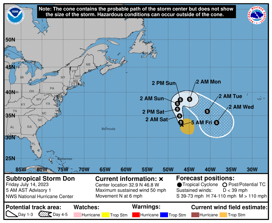 Map of the path of Subtropical Storm Don in the Atlantic. 