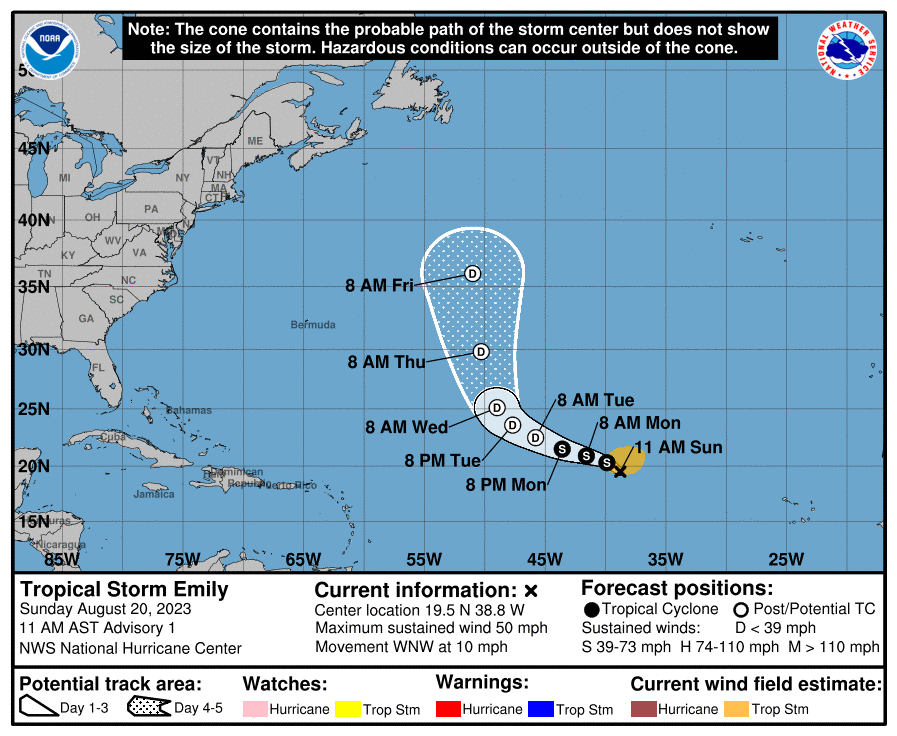 Map of the path of Tropical Storm Emily in the Atlantic. 