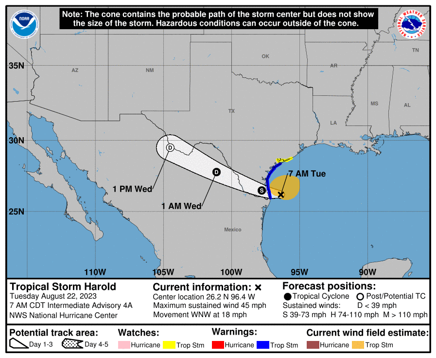 Mapa de la trayectoria de la tormenta tropical Harold en el Golfo de México. 