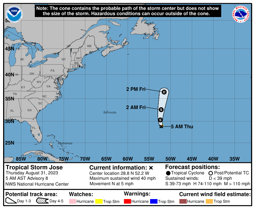Map of the path of Tropical Storm Jose in the Atlantic. 