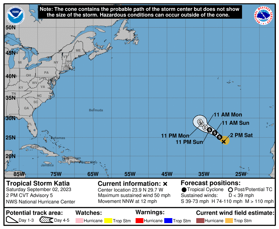 Map of the path of Tropical Storm Katia in the Atlantic. 