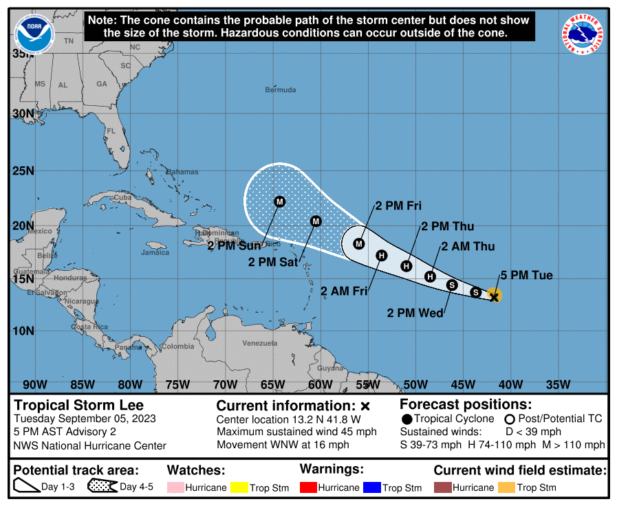 Map of the path of Tropical Storm Lee in the Atlantic. 