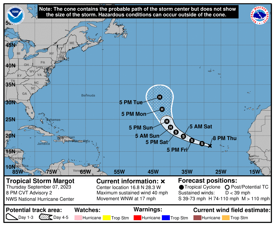 Map of the path of Tropical Storm Margot in the Atlantic. 