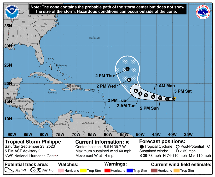 Map of the path of Tropical Storm Philippe in the Atlantic. 