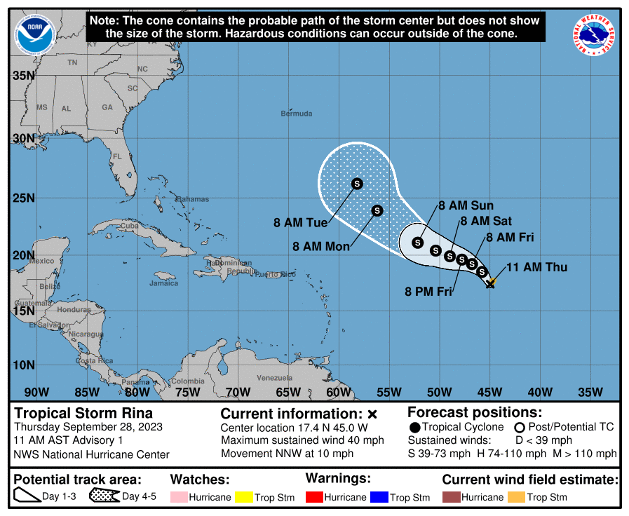 Map of the path of Tropical Storm Rina in the Atlantic. 