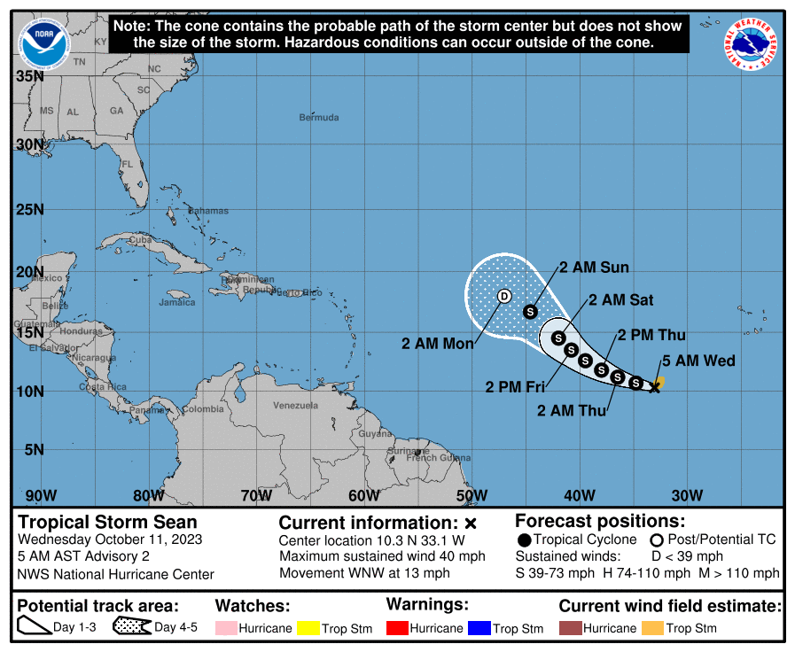 Map of the path of Tropical Storm Sean in the Atlantic. 