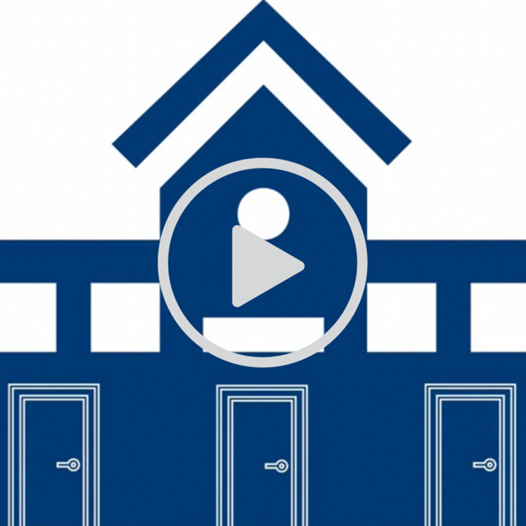 Image shows a cartoon of a schoolhouse, overlaid with a “play” button. The button links to a video to learn about NYCPS enrollment.